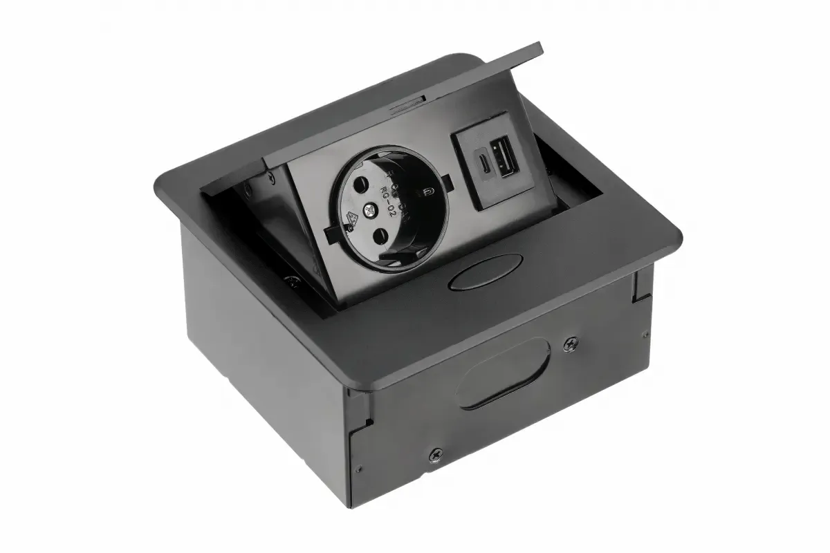 Priza incorporabila AVARO Schuko, USB A + C, cablu 1.5 m, negru